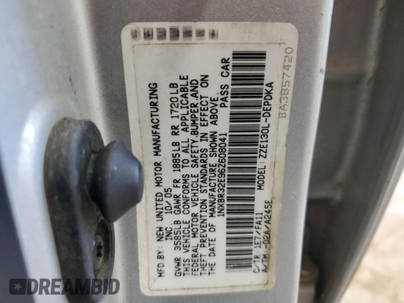 2006 Toyota Corolla CE with VIN 1NXBR32E96Z608041, listed as a Copart auction lot 62785655 with 113,508 mi miles and Salvage title. Bid and sale history available at DreamBid. Image 12.