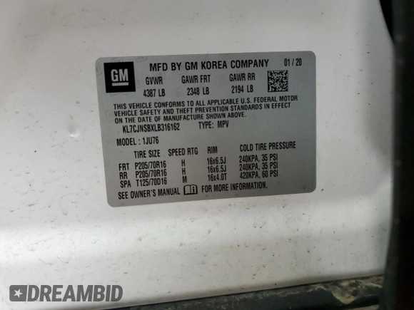 2020 Chevrolet Trax LS with VIN KL7CJNSBXLB316162, listed as a Copart auction lot 49608775 with 41,111 mi miles and Salvage Title. Bid and sale history available at carsss.com. Image 12.