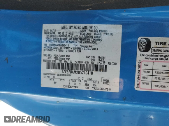 2013 Ford Mustang V6 with VIN 1ZVBP8AM2D5240418, listed as a Copart auction lot 50579625 with 171,998 mi miles and Salvage title. Bid and sale history available at DreamBid. Image 12.