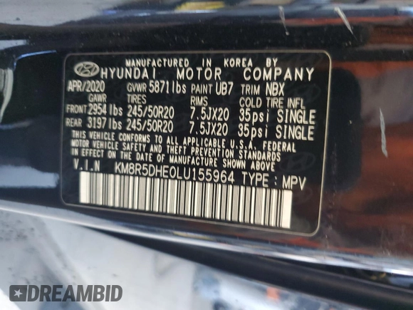 2020 Hyundai Palisade Limited with VIN KM8R5DHE0LU155964, listed as a Copart auction lot 51431565 with 54,864 mi miles and Clean title. Bid and sale history available at DreamBid. Image 13.