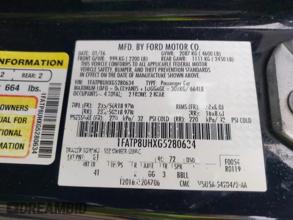 2016 Ford Mustang EcoBoost Premium with VIN 1FATP8UHXG5280634, listed as a IAAI auction lot 41885238 with 84,291 mi miles and . Bid and sale history available at carsss.com. Image 9.