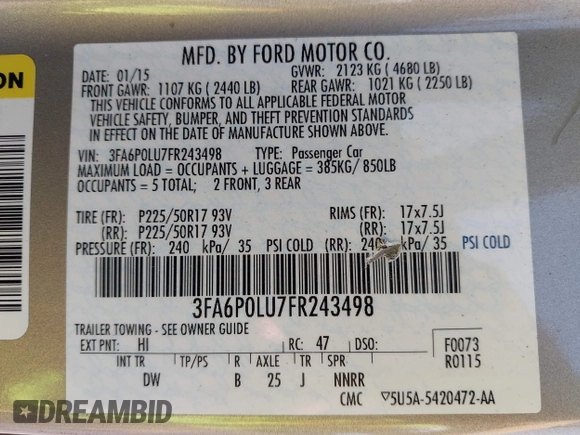 2015 Ford Fusion SE Hybrid with VIN 3FA6P0LU7FR243498, listed as a IAAI auction lot 42719986 with 345,098 mi miles and . Bid and sale history available at DreamBid. Image 9.