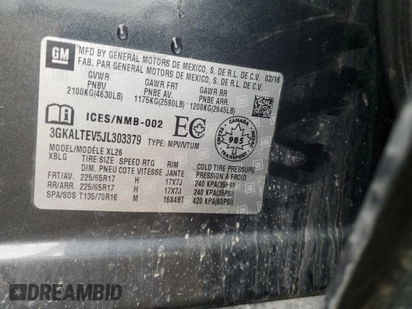 2018 GMC Terrain SLE z VIN 3GKALTEV5JL303379, wystawiony jako Copart lot #56303395 z przebiegiem Nie podano mil oraz Szkody całkowita. Historia ofert i sprzedaży dostępna na DreamBid. Obrazek 12.