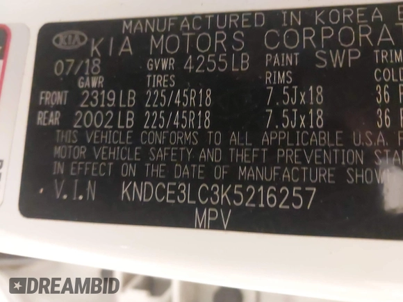 2019 Kia Niro Touring with VIN KNDCE3LC3K5216257, listed as a IAAI auction lot 41760534 with 117,187 mi miles. Bid and sale history available at carsss.com. Image 9.