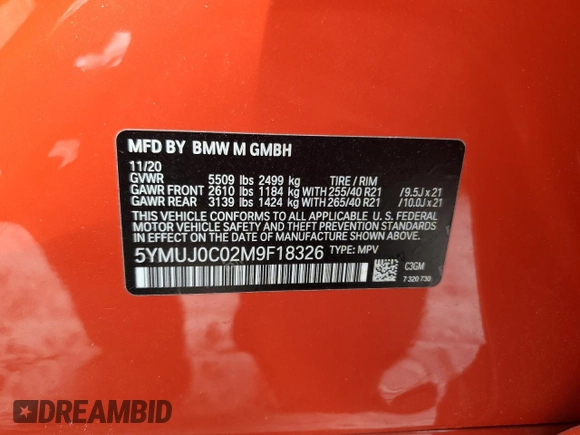 2021 BMW X4 M z VIN 5YMUJ0C02M9F18326, wystawiony jako Copart lot #81575004 z przebiegiem 48 692 mil mil oraz Nie do naprawy • Non repairable. Historia ofert i sprzedaży dostępna na DreamBid. Obrazek 13.