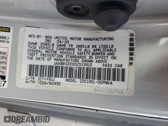 2005 Toyota Corolla CE with VIN 1NXBR32E95Z513915, listed as a Copart auction lot 89251725 with 262,876 mi miles and Salvage Title. Bid and sale history available at DreamBid. Image 14.