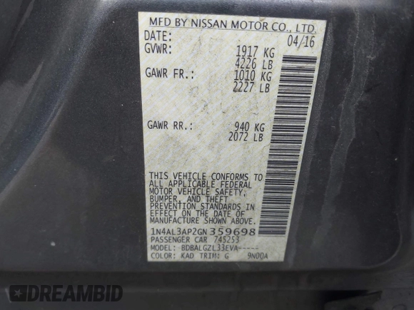 2016 Nissan Altima S with VIN 1N4AL3AP2GN359698, listed as a IAAI auction lot 41520202 with 190,040 mi miles and . Bid and sale history available at carsss.com. Image 9.