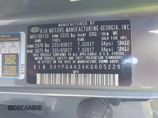 2019 Kia Sorento L with VIN 5XYPG4A3XKG605229, listed as a IAAI auction lot 41827291 with 59,594 mi miles. Bid and sale history available at carsss.com. Image 9.