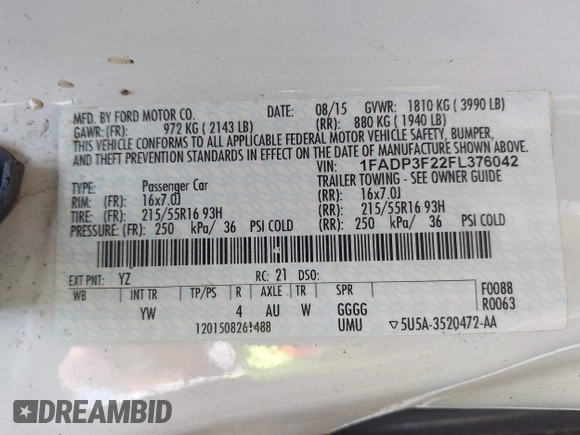 2015 Ford Focus SE with VIN 1FADP3F22FL376042, listed as a IAAI auction lot 42283236 with 76,675 mi miles and . Bid and sale history available at DreamBid. Image 9.