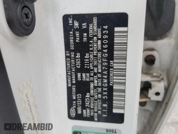 2015 Kia Optima LX with VIN 5XXGM4A79FG460934, listed as a Copart auction lot 65292855 with 153,509 mi miles and Clean title. Bid and sale history available at DreamBid. Image 12.
