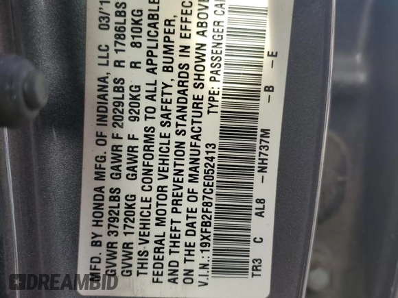 2012 Honda Civic EX with VIN 19XFB2F87CE052413, listed as a Copart auction lot 46215765 with 128,207 mi miles and Salvage Title. Bid and sale history available at DreamBid. Image 12.