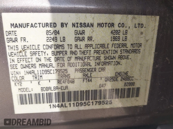 2005 Nissan Altima S with VIN 1N4AL11D95C179525, listed as a IAAI auction lot 42576953 with 126,836 mi miles and . Bid and sale history available at DreamBid. Image 9.