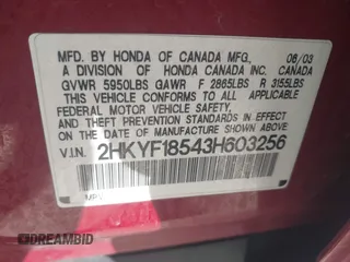 2003 Honda Pilot EX with VIN 2HKYF18543H603256, listed as a IAAI auction lot 42141096 with 260,535 mi miles and . Bid and sale history available at DreamBid. Image 9.