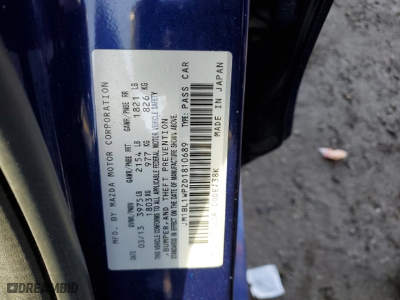 2013 Mazda Mazda3 i Grand Touring with VIN JM1BL1WP2D1810689, listed as a Copart auction lot 86064124 with 160,153 mi miles and Salvage Title. Bid and sale history available at carsss.com. Image 12.