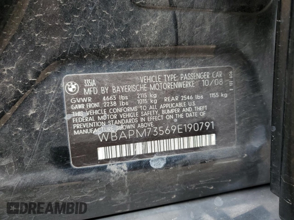 2009 BMW 3 Series 335i with VIN WBAPM73569E190791, listed as a Copart auction lot 56718365 with 172,993 mi miles and Salvage title. Bid and sale history available at DreamBid. Image 12.