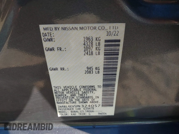 2023 Nissan Altima SL with VIN 1N4BL4EV5PN324057, listed as a IAAI auction lot 41299178 with 47,232 mi miles and . Bid and sale history available at DreamBid. Image 9.