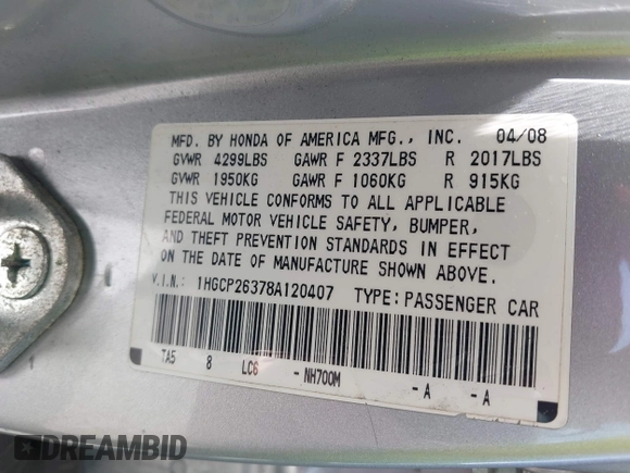 2008 Honda Accord LX z VIN 1HGCP26378A120407, wystawiony jako IAAI lot #39600380 z przebiegiem 208 488 mil mil oraz . Historia ofert i sprzedaży dostępna na DreamBid. Obrazek 9.
