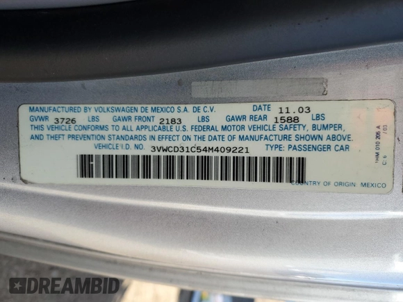 2004 Volkswagen Beetle with VIN 3VWCD31C54M409221, listed as a Copart auction lot 83323024 with 116,352 mi miles and Salvage Title. Bid and sale history available at DreamBid. Image 12.
