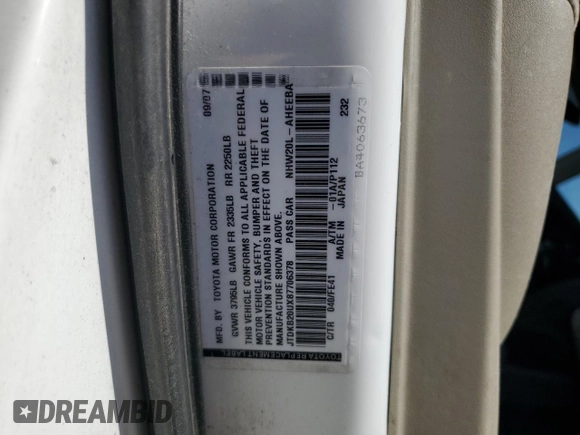 2008 Toyota Prius with VIN JTDKB20UX87706378, listed as a Copart auction lot 53580085 with 171,596 mi miles and Non repairable. Bid and sale history available at DreamBid. Image 12.