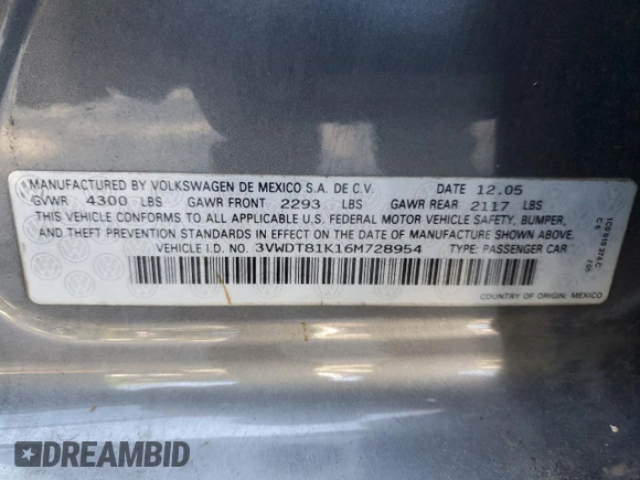 2006 Volkswagen Jetta 1.9L TDI z VIN 3VWDT81K16M728954, wystawiony jako Copart lot #60508105 z przebiegiem 116 493 mil mil oraz Szkoda całkowita • Salvage title. Historia ofert i sprzedaży dostępna na DreamBid. Obrazek 13.