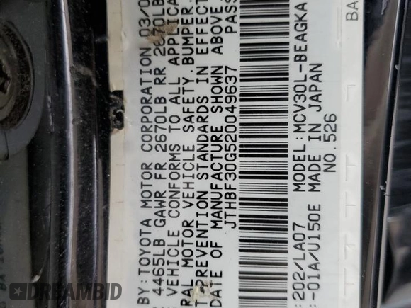 2002 Lexus ES 300 with VIN JTHBF30G520049637, listed as a Copart auction lot 58235085 with 123,290 mi miles and Salvage title. Bid and sale history available at DreamBid. Image 13.