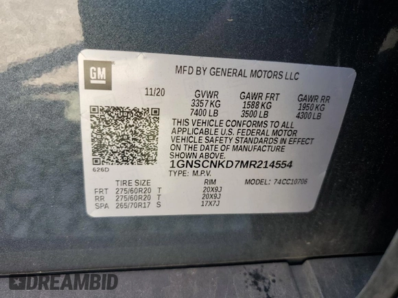 2021 Chevrolet Tahoe LT with VIN 1GNSCNKD7MR214554, listed as a Copart auction lot 61568525 with 47,302 mi miles and Salvage title. Bid and sale history available at DreamBid. Image 13.
