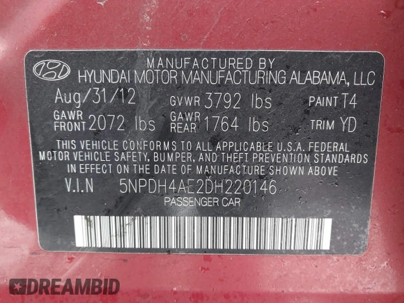 2013 Hyundai Elantra Limited with VIN 5NPDH4AE2DH220146, listed as a IAAI auction lot 41329053 with 123,652 mi miles and . Bid and sale history available at DreamBid. Image 9.