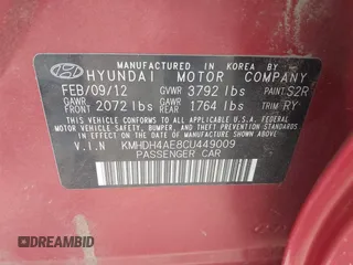 2012 Hyundai Elantra Limited with VIN KMHDH4AE8CU449009, listed as a IAAI auction lot 42228159 with 104,018 mi miles and . Bid and sale history available at DreamBid. Image 9.
