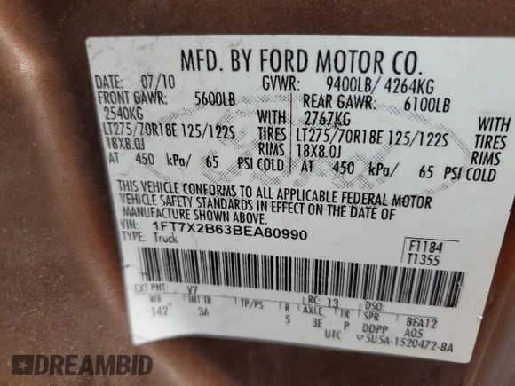 2011 Ford F-250 XL с VIN 1FT7X2B63BEA80990, выставлен на аукционе Copart как лот 57846195 с пробегом 99 575 миль миль и Списание • Salvage title. История ставок и продаж доступна на DreamBid. Изображение 12.