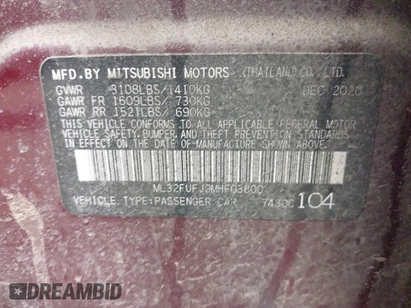2021 Mitsubishi Mirage G4 ES with VIN ML32FUFJ9MHF03800, listed as a IAAI auction lot 41839537 with 40,120 mi miles. Bid and sale history available at carsss.com. Image 9.