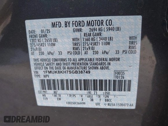 2025 Ford Explorer ST-Line with VIN 1FMUK8KH7SGB38749, listed as a IAAI auction lot 42085174 with 1,574 mi miles. Bid and sale history available at carsss.com. Image 9.