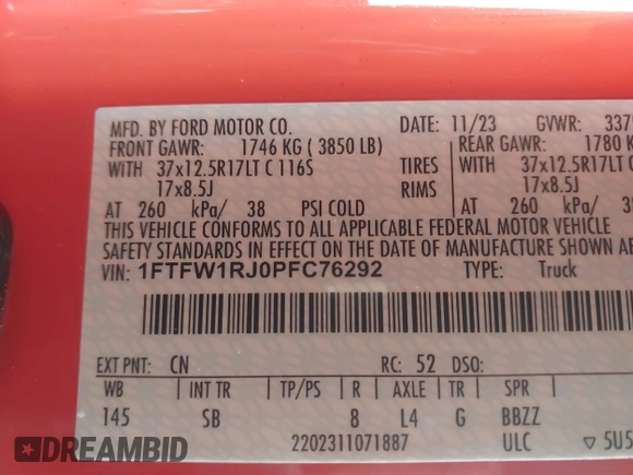 2023 Ford F-150 Raptor with VIN 1FTFW1RJ0PFC76292, listed as a IAAI auction lot 41458893 with 5,028 mi miles and . Bid and sale history available at DreamBid. Image 9.