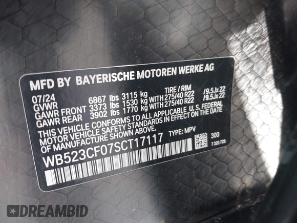 2025 BMW iX xDrive50 z VIN WB523CF07SCT17117, wystawiony jako IAAI lot #42042262 z przebiegiem 7 485 mil mil oraz . Historia ofert i sprzedaży dostępna na DreamBid. Obrazek 9.