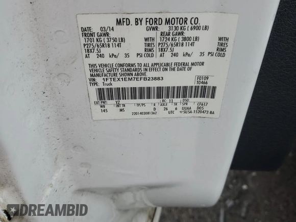 2014 Ford F-150 XL with VIN 1FTEX1EM7EFB23883, listed as a Copart auction lot 55429125 with 74,002 mi miles and Salvage title. Bid and sale history available at DreamBid. Image 12.