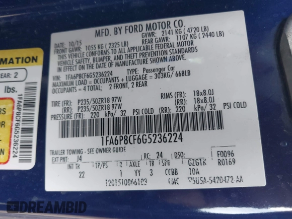 2016 Ford Mustang GT with VIN 1FA6P8CF6G5236224, listed as a IAAI auction lot 41484075 with 72,761 mi miles. Bid and sale history available at carsss.com. Image 9.