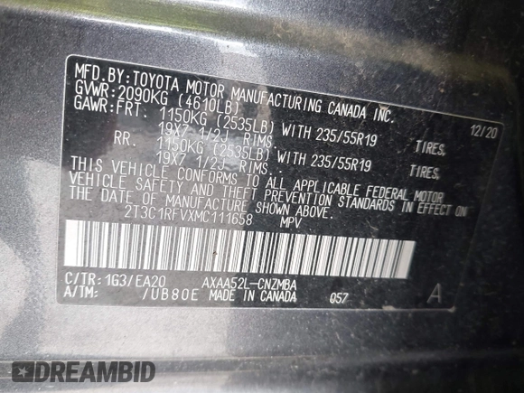 2021 Toyota RAV4 XLE Premium with VIN 2T3C1RFVXMC111658, listed as a IAAI auction lot 42594838 with 58,734 mi miles and . Bid and sale history available at DreamBid. Image 9.