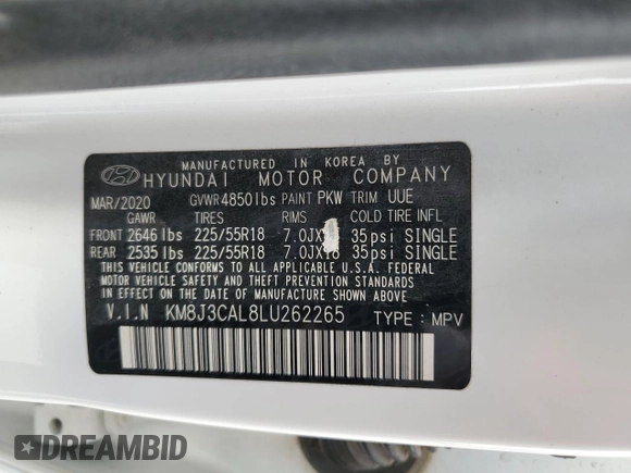 2020 Hyundai Tucson SEL с VIN KM8J3CAL8LU262265, выставлен на аукционе Copart как лот 50240575 с пробегом 17 084 миль миль и Списание • Salvage title. История ставок и продаж доступна на DreamBid. Изображение 13.