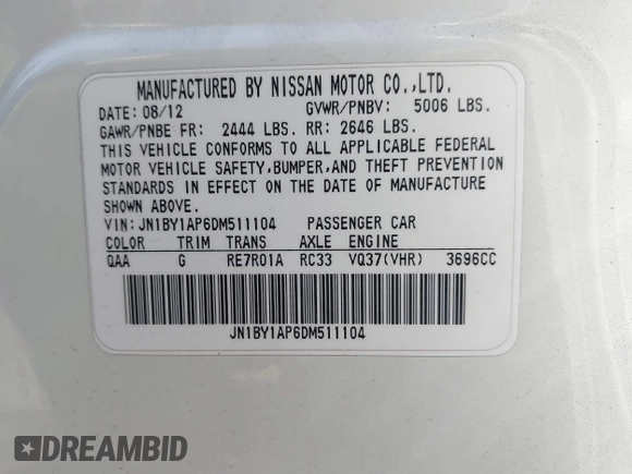 2013 Infiniti M with VIN JN1BY1AP6DM511104, listed as a IAAI auction lot 41818184 with 138,605 mi miles and . Bid and sale history available at DreamBid. Image 9.