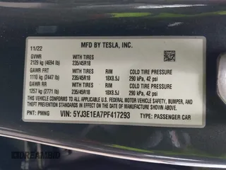 2023 Tesla Model 3 with VIN 5YJ3E1EA7PF417293, listed as a IAAI auction lot 42407659 with 22,578 mi miles and . Bid and sale history available at DreamBid. Image 9.