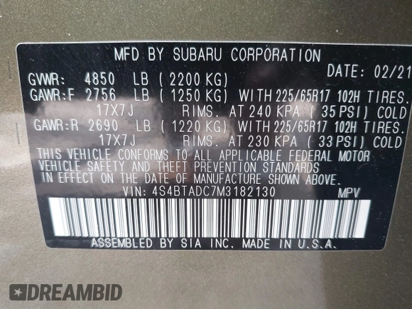 2021 Subaru Outback Premium with VIN 4S4BTADC7M3182130, listed as a IAAI auction lot 42254346 with 57,482 mi miles and . Bid and sale history available at DreamBid. Image 9.