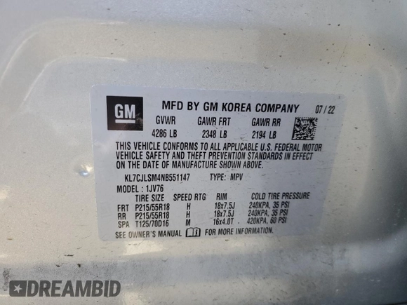 2022 Chevrolet Trax LT z VIN KL7CJLSM4NB551147, wystawiony jako Copart lot #47435715 z przebiegiem 15 005 mil mil oraz Szkoda całkowita • Salvage title. Historia ofert i sprzedaży dostępna na DreamBid. Obrazek 12.