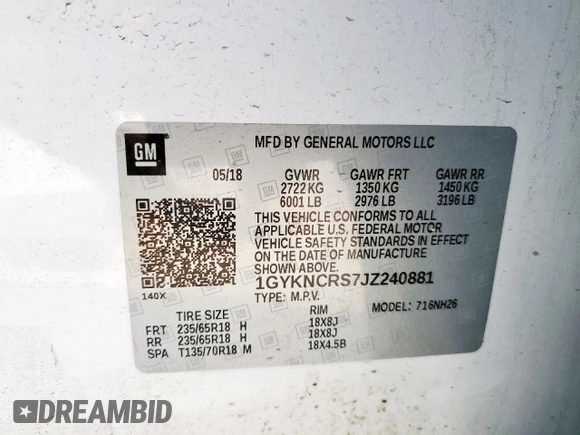 2018 Cadillac XT5 Luxury FWD with VIN 1GYKNCRS7JZ240881, listed as a Copart auction lot 58334075 with 149,014 mi miles and Salvage title. Bid and sale history available at DreamBid. Image 13.
