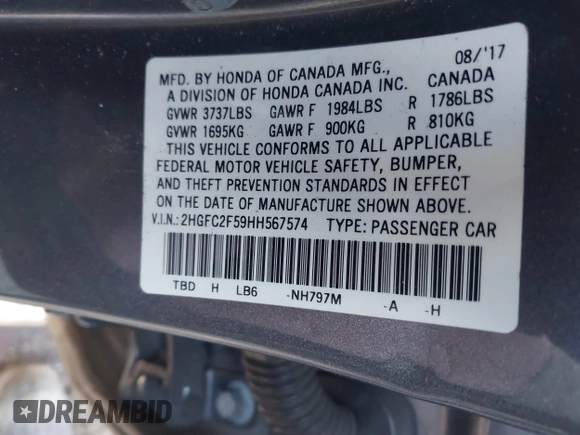 2017 Honda Civic Sedan LX with VIN 2HGFC2F59HH567574, listed as a IAAI auction lot 41499071 with 74,366 mi miles. Bid and sale history available at carsss.com. Image 9.