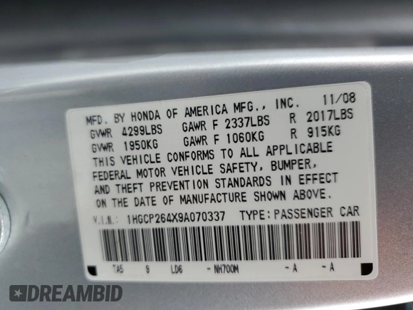 2009 Honda Accord LX-P with VIN 1HGCP264X9A070337, listed as a Copart auction lot 55508695 with 215,668 mi miles and Salvage Title. Bid and sale history available at DreamBid. Image 12.