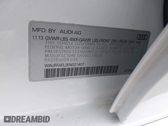 2014 Audi A4 Premium Plus z VIN WAUFFAFL2EN021407, wystawiony jako IAAI lot #42418122 z przebiegiem 226 243 mil mil oraz . Historia ofert i sprzedaży dostępna na DreamBid. Obrazek 9.