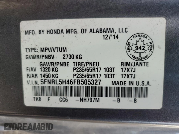 2015 Honda Odyssey EX with VIN 5FNRL5H46FB505327, listed as a Copart auction lot 51741425 with 372,144 mi miles and Salvage Title. Bid and sale history available at DreamBid. Image 13.