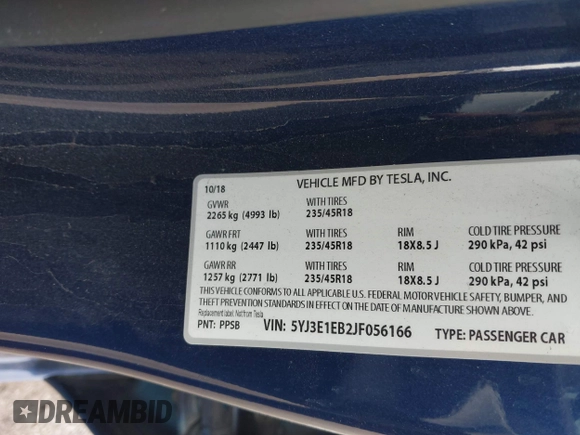 2018 Tesla Model 3 Long Range Battery with VIN 5YJ3E1EB2JF056166, listed as a IAAI auction lot 41847972 with 126,126 mi miles and . Bid and sale history available at DreamBid. Image 9.