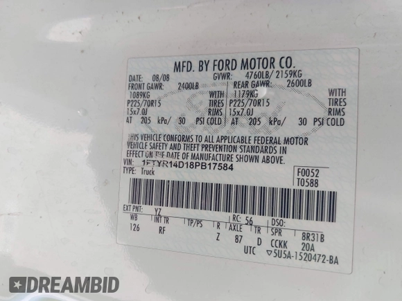 2008 Ford Ranger XL with VIN 1FTYR14D18PB17584, listed as a IAAI auction lot 41323035 with 224,820 mi miles. Bid and sale history available at carsss.com. Image 9.