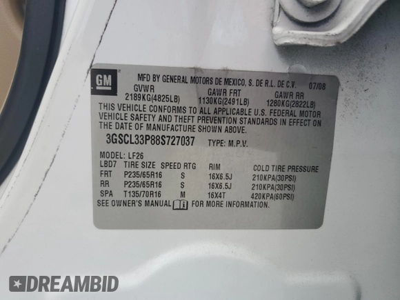 2008 Saturn VUE XE z VIN 3GSCL33P88S727037, wystawiony jako Copart lot #51806065 z przebiegiem 136 541 mil mil oraz Szkoda całkowita • Salvage title. Historia ofert i sprzedaży dostępna na DreamBid. Obrazek 13.