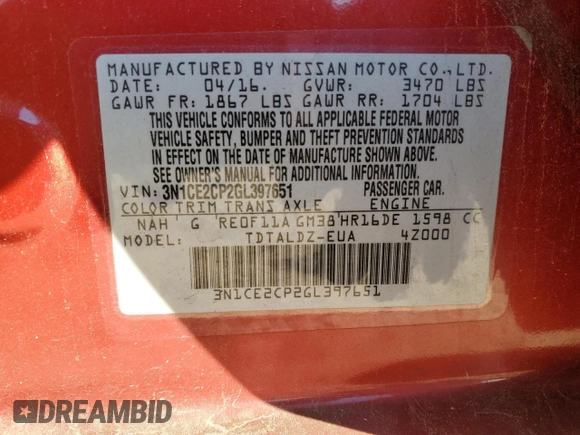 2016 Nissan Note S with VIN 3N1CE2CP2GL397651, listed as a Copart auction lot 82024324 with 124,053 mi miles and Non Repairable. Bid and sale history available at DreamBid. Image 14.